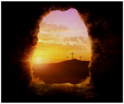 Three crosses at sunrise representing the crucifixion and salvation