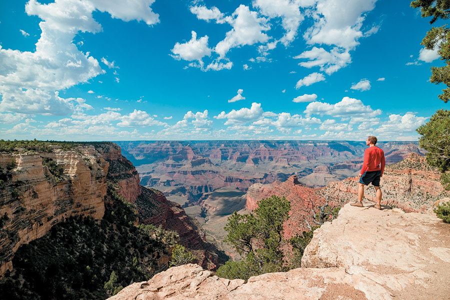 Man looking over Grand Canyon edge representing falling short of perfection