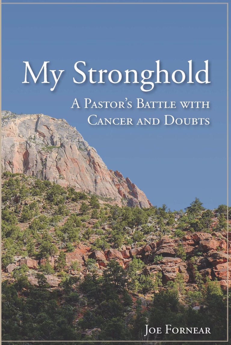 Book cover for 'My Stronghold: A Pastor's Battle with Cancer and Doubts' by Joe Fornear. The top half of the cover features a serene, deep blue sky reflecting onto a calm body of water. The title 'My Stronghold' is written in a prominent white serif font, with the subtitle below it in smaller text. The author's name, Joe Fornear, is printed at the bottom right corner.