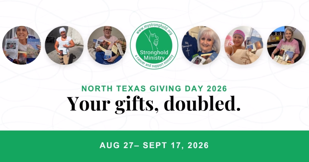 North Texas Giving Day 2026 promotional banner featuring Stronghold Ministry logo in line with 3 photos of gift basket recipients on each side