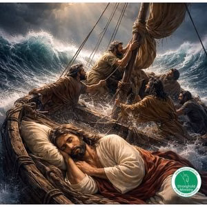Jesus sleeping in a small wooden boat surrounded by dark, stormy sea waves and dramatic clouds.